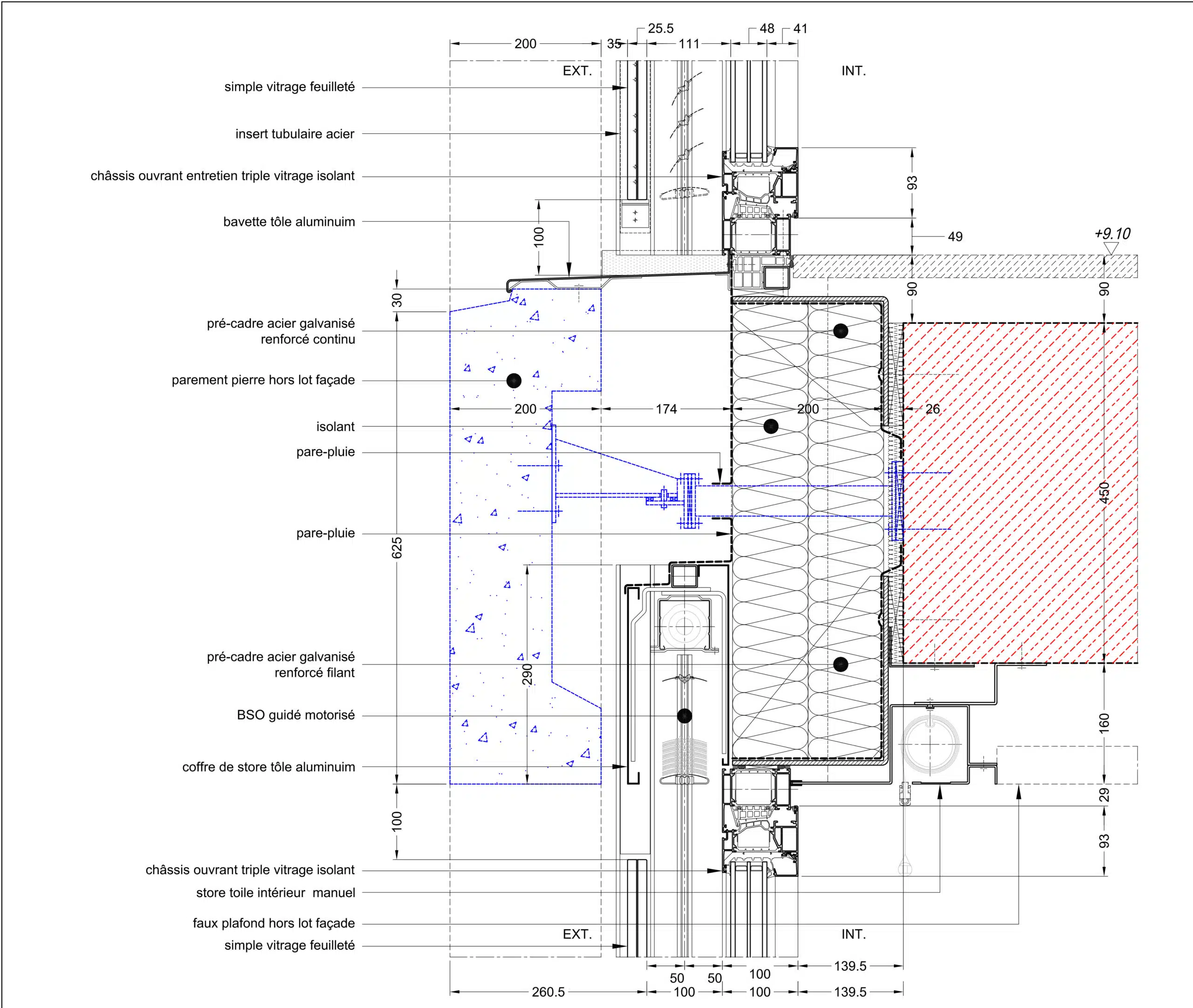 Détail de la façade double peau et jonction parement pierre